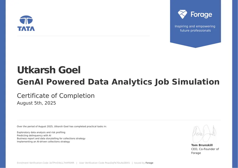Certificate: GenAI Data Analytics Simulation by Tata