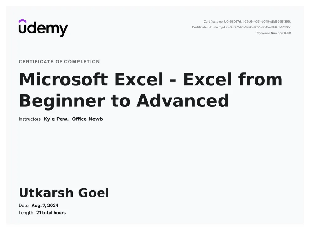 Certificate: Excel: Beginner to Advanced by Udemy