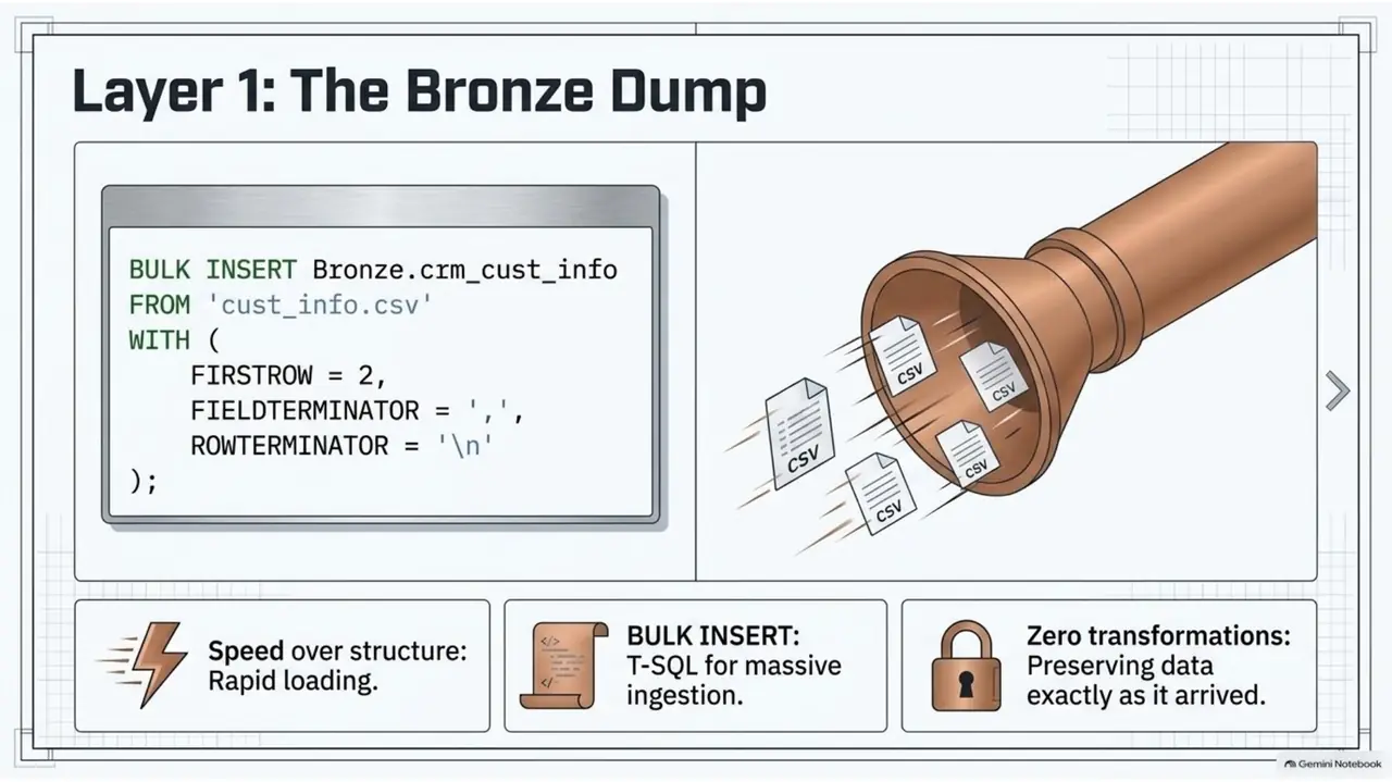Layer 1, the Bronze layer: raw bulk ingestion from CSV