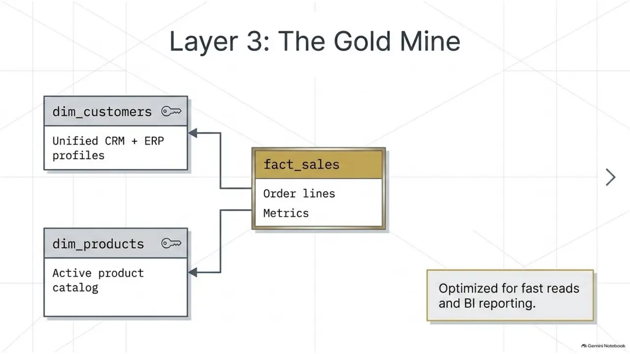 Layer 3, the Gold layer: star schema with fact and dimension tables